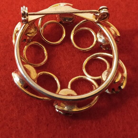 Vintage Gold tone metal, Circular Swirl Rhinestone Brooch Cottagecore - Picture 2 of 5
